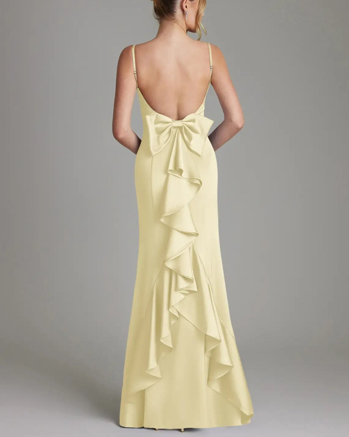 Lemon Sorbet Stretch Satin Mermaid Bow Floor‑Length Bridesmaid Dress