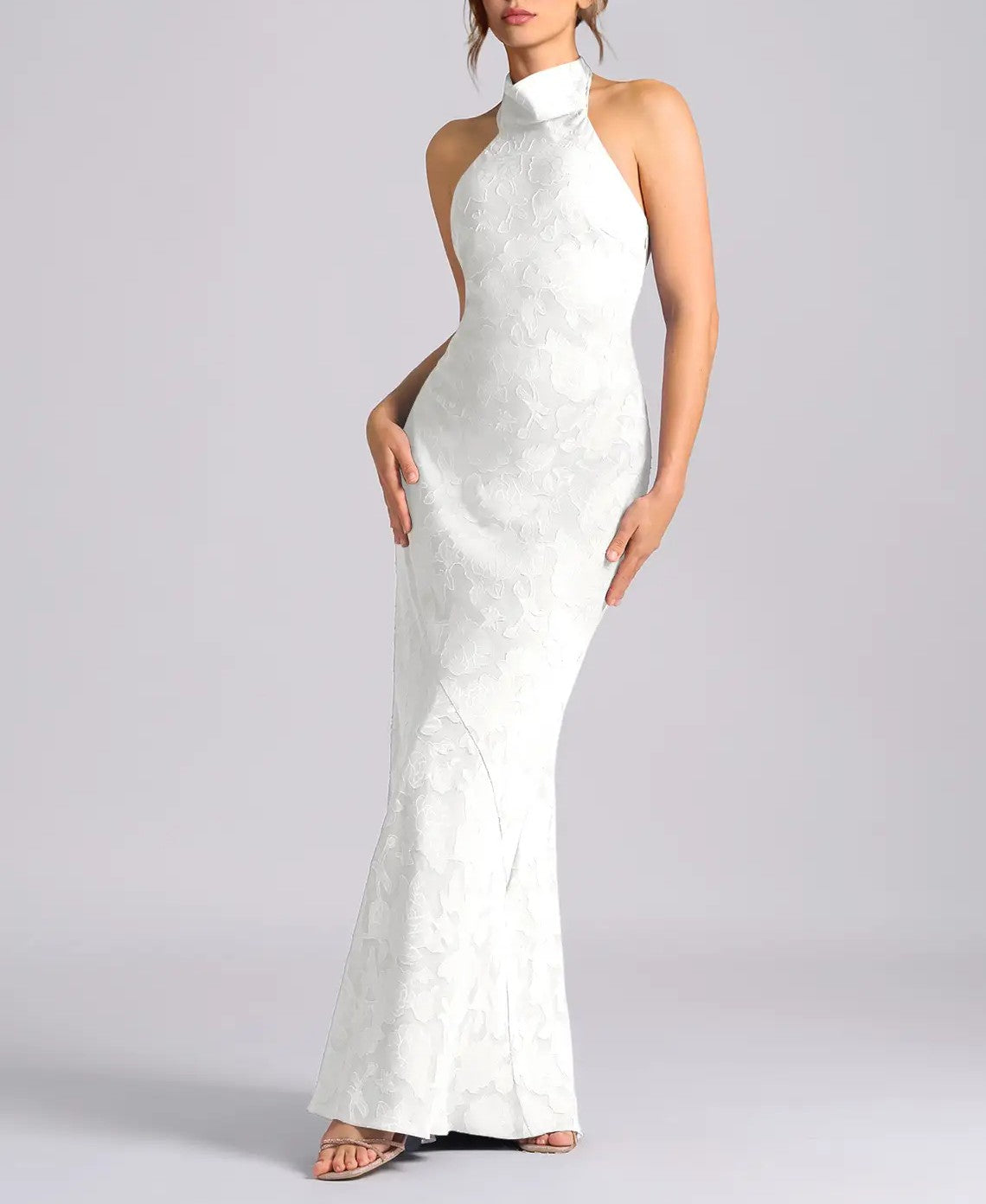 White Floral Burnout Halter Neck Bow Mermaid Floor‑Length Gown