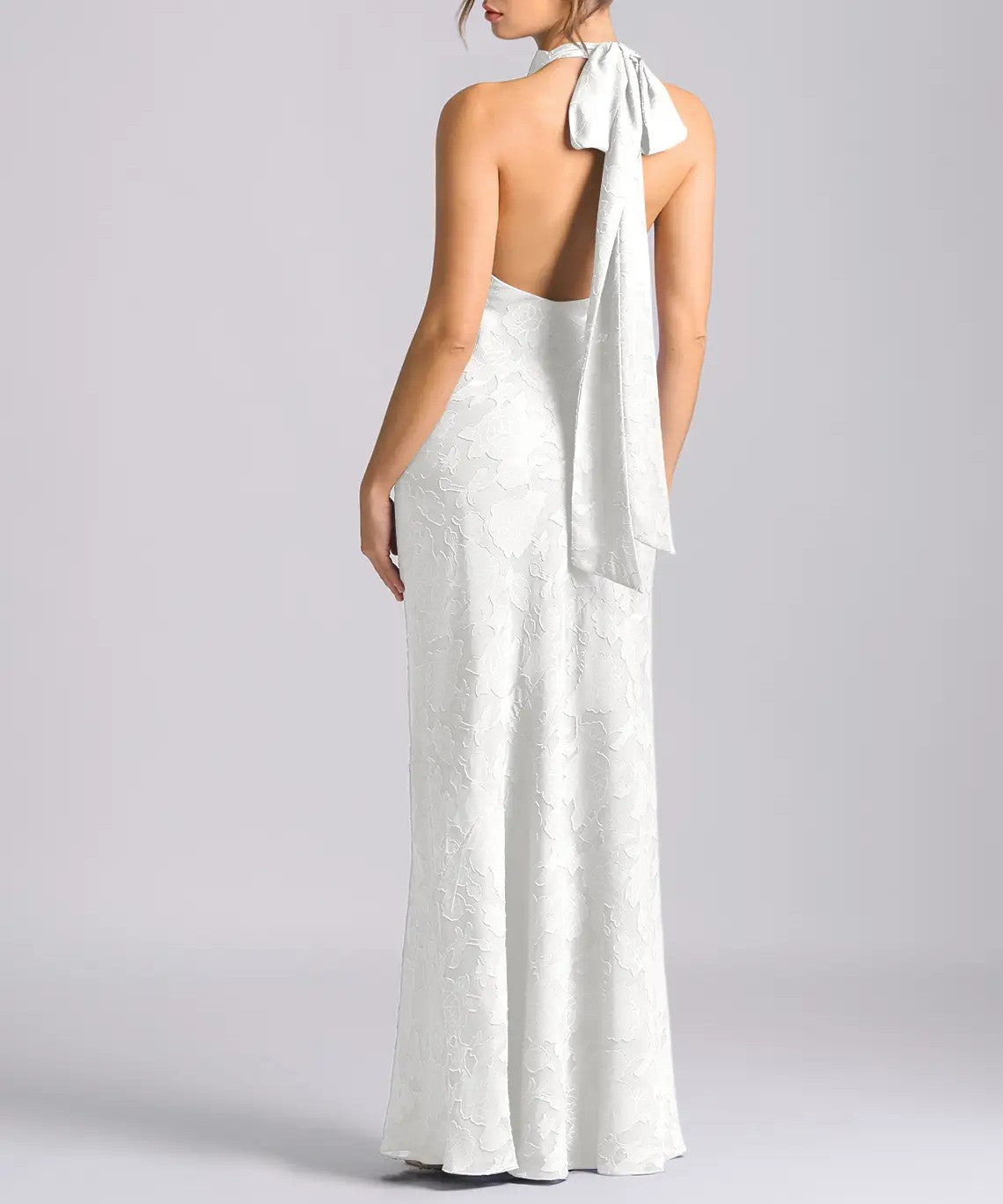 White Floral Burnout Halter Neck Bow Mermaid Floor‑Length Gown