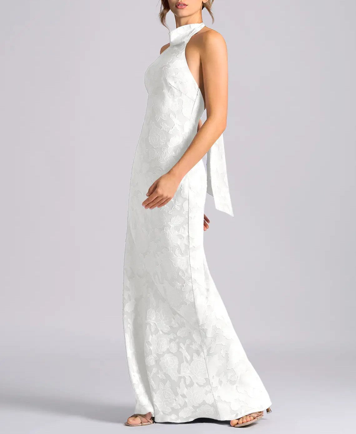 White Floral Burnout Halter Neck Bow Mermaid Floor‑Length Gown