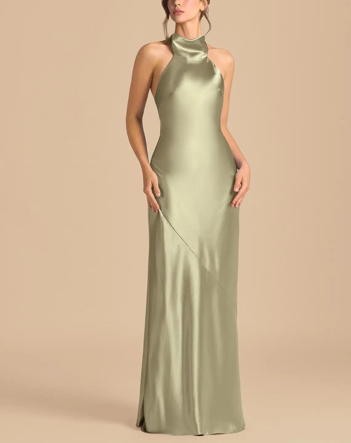 Moss‑Green Metallic Satin Halter Neck Bow Sheath Floor‑Length Gown