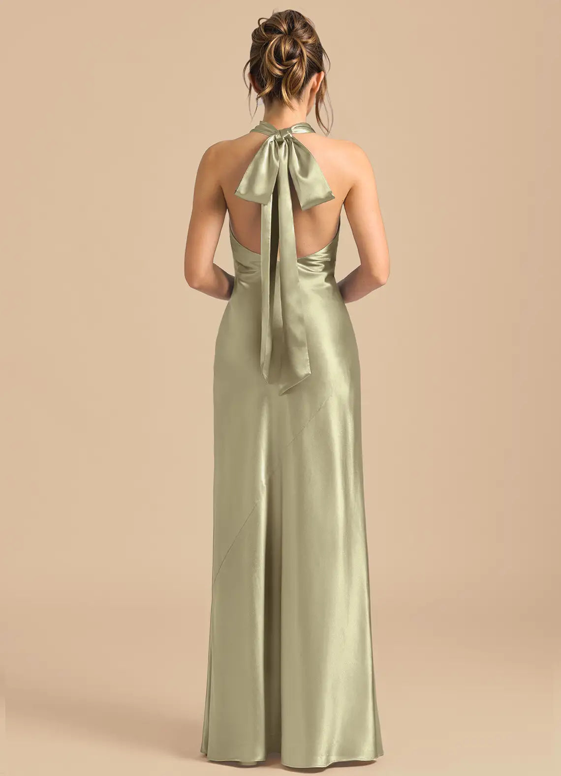 Moss‑Green Metallic Satin Halter Neck Bow Sheath Floor‑Length Gown