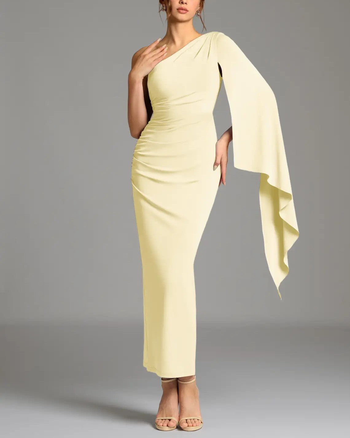 Lemon Sorbet One‑Shoulder Cape‑Sleeve Ruched Stretch Jersey Ankle‑Length Sheath Dress