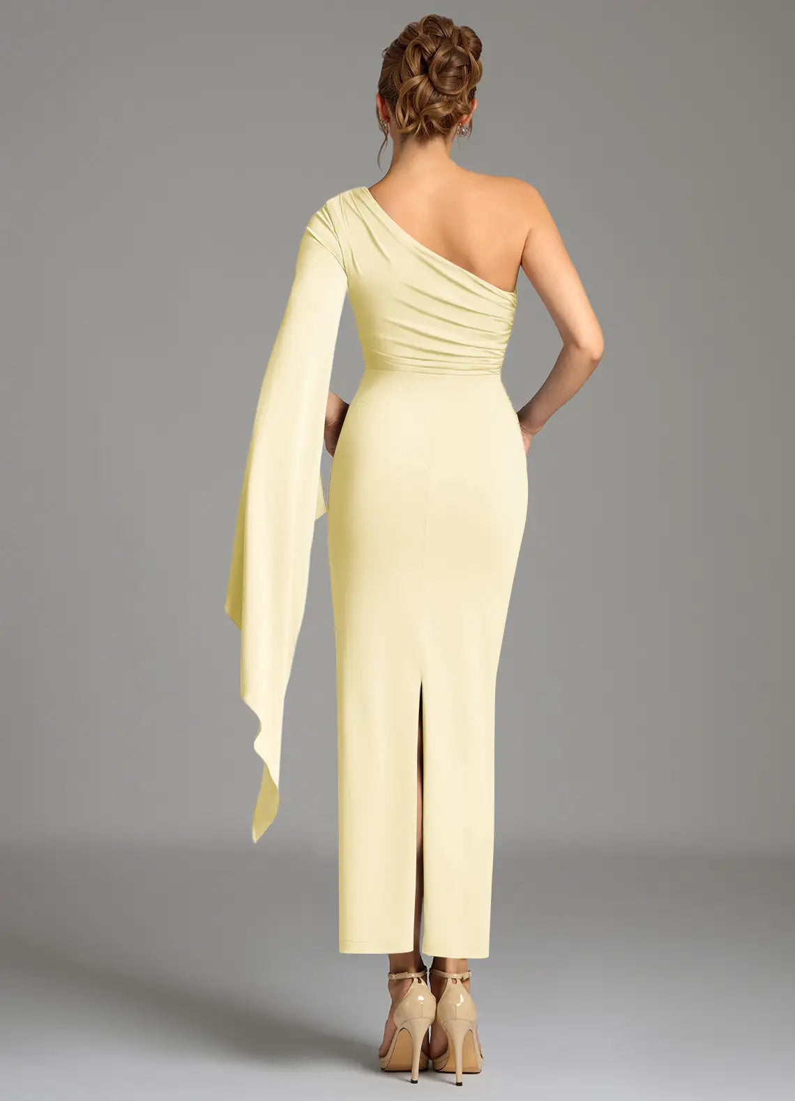 Lemon Sorbet One‑Shoulder Cape‑Sleeve Ruched Stretch Jersey Ankle‑Length Sheath Dress