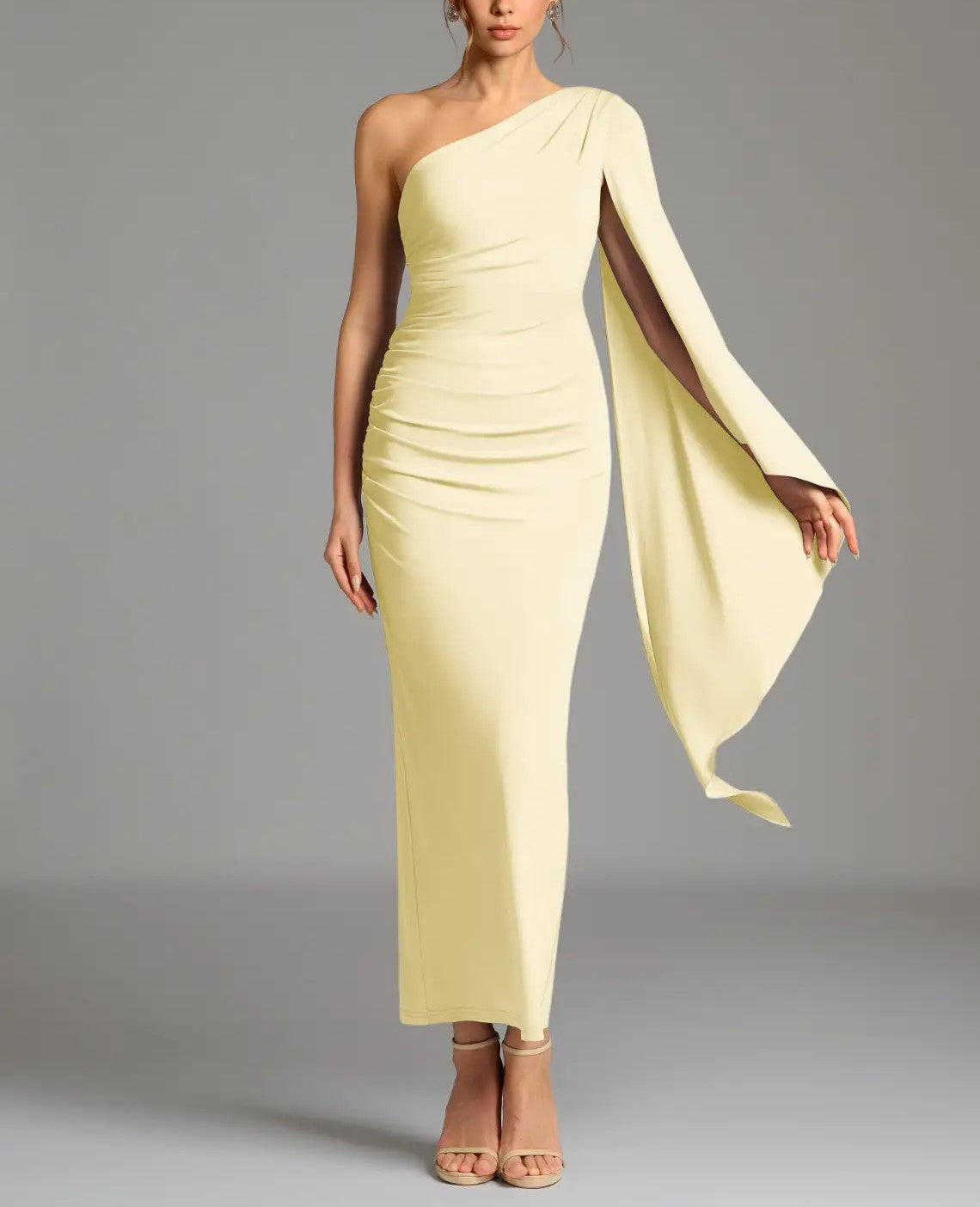 Lemon Sorbet One‑Shoulder Cape‑Sleeve Ruched Stretch Jersey Ankle‑Length Sheath Dress