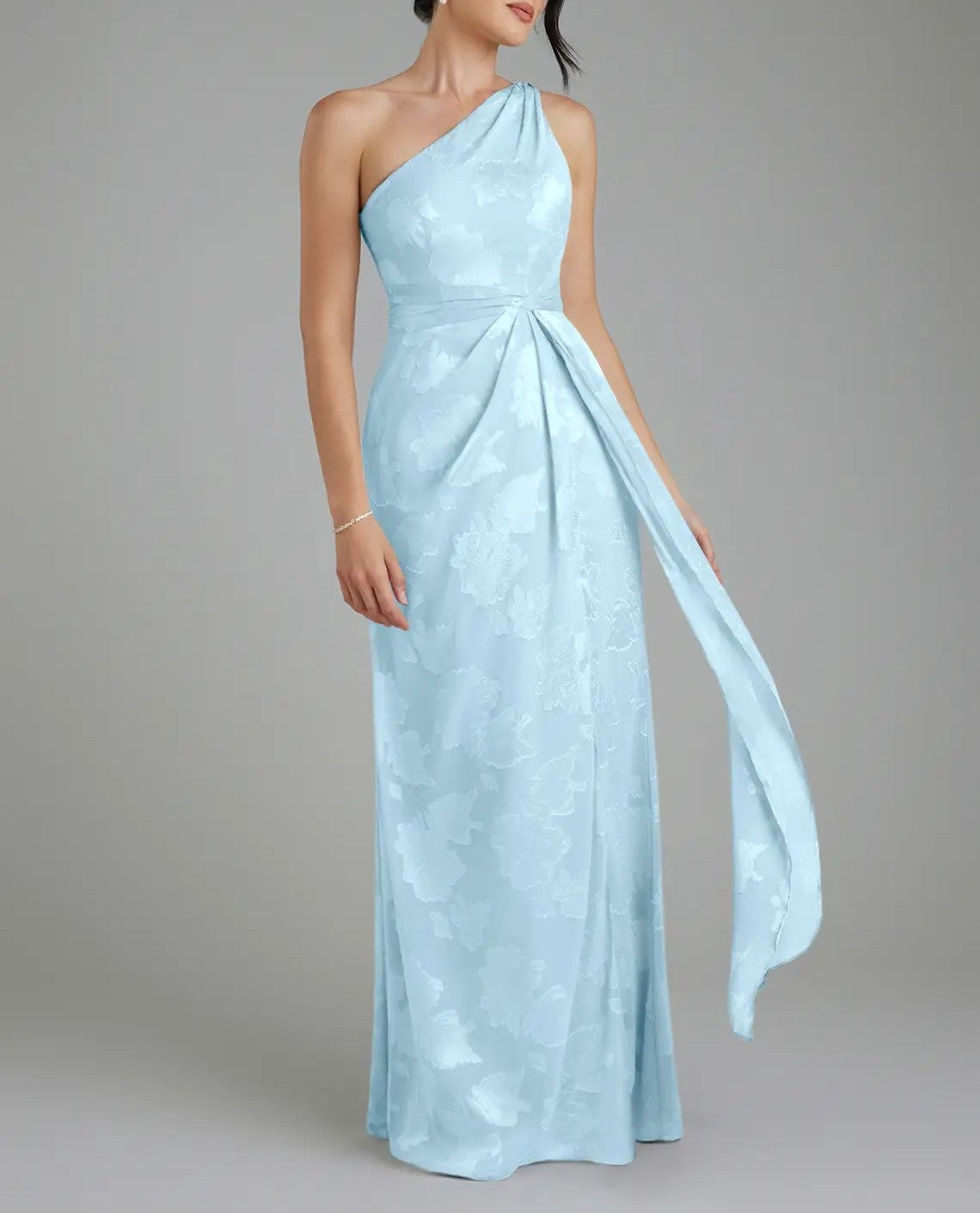 Sky‑Blue One‑Shoulder Waist‑Tie Floral Jacquard Burnout A‑Line Floor‑Length Gown