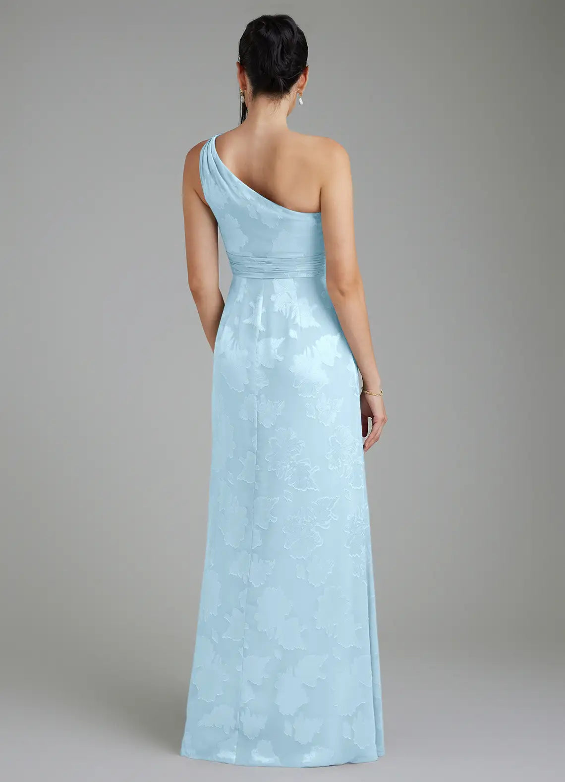 Sky‑Blue One‑Shoulder Waist‑Tie Floral Jacquard Burnout A‑Line Floor‑Length Gown