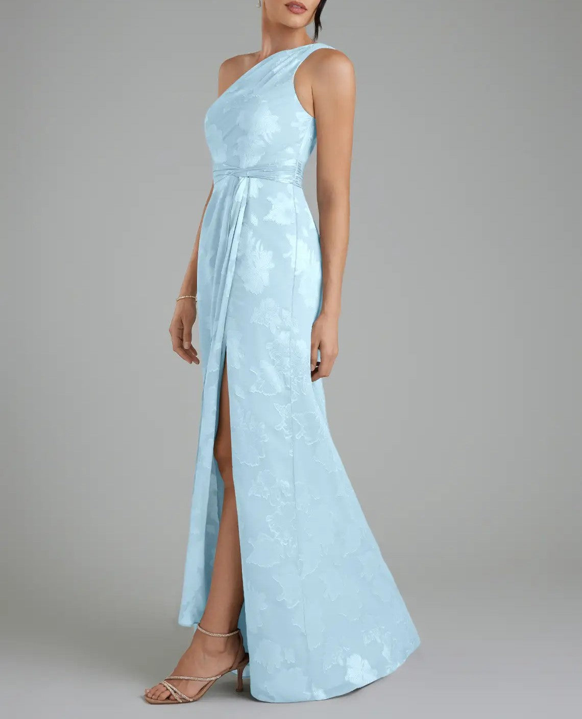Sky‑Blue One‑Shoulder Waist‑Tie Floral Jacquard Burnout A‑Line Floor‑Length Gown