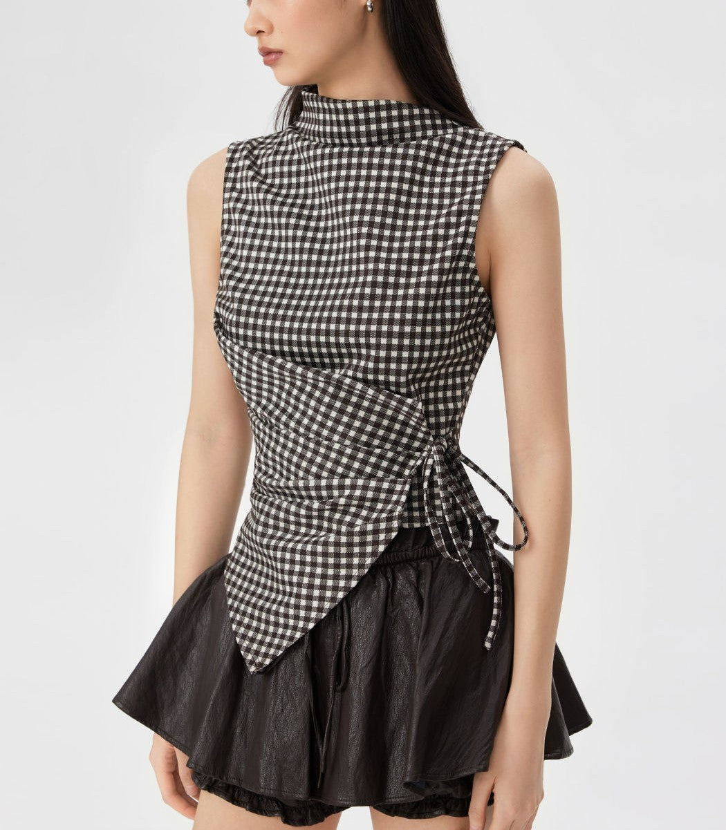 Gingham Stand‑Collar Asymmetrical Hem Ruched Knotted Sleeveless Top