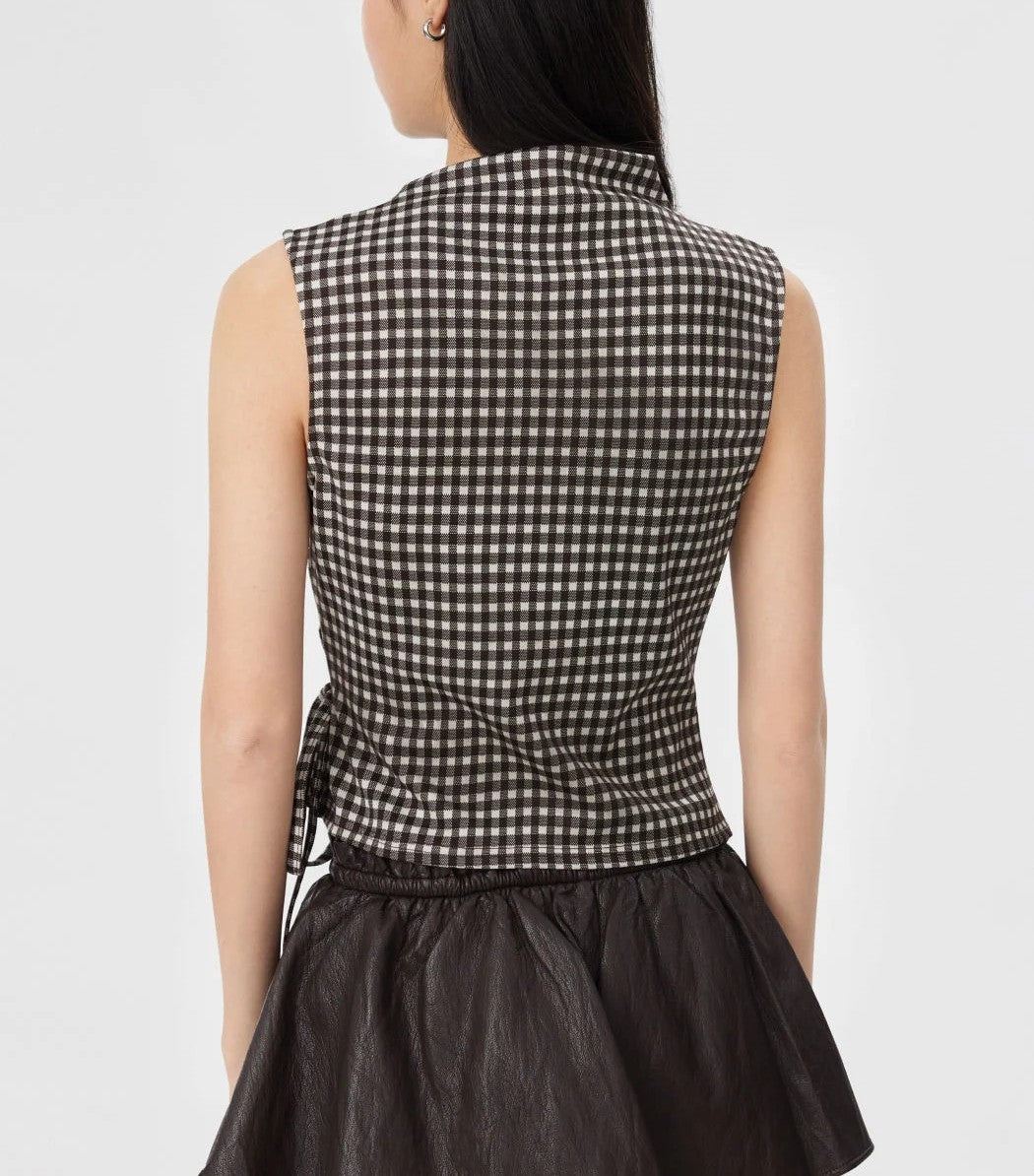 Gingham Stand‑Collar Asymmetrical Hem Ruched Knotted Sleeveless Top