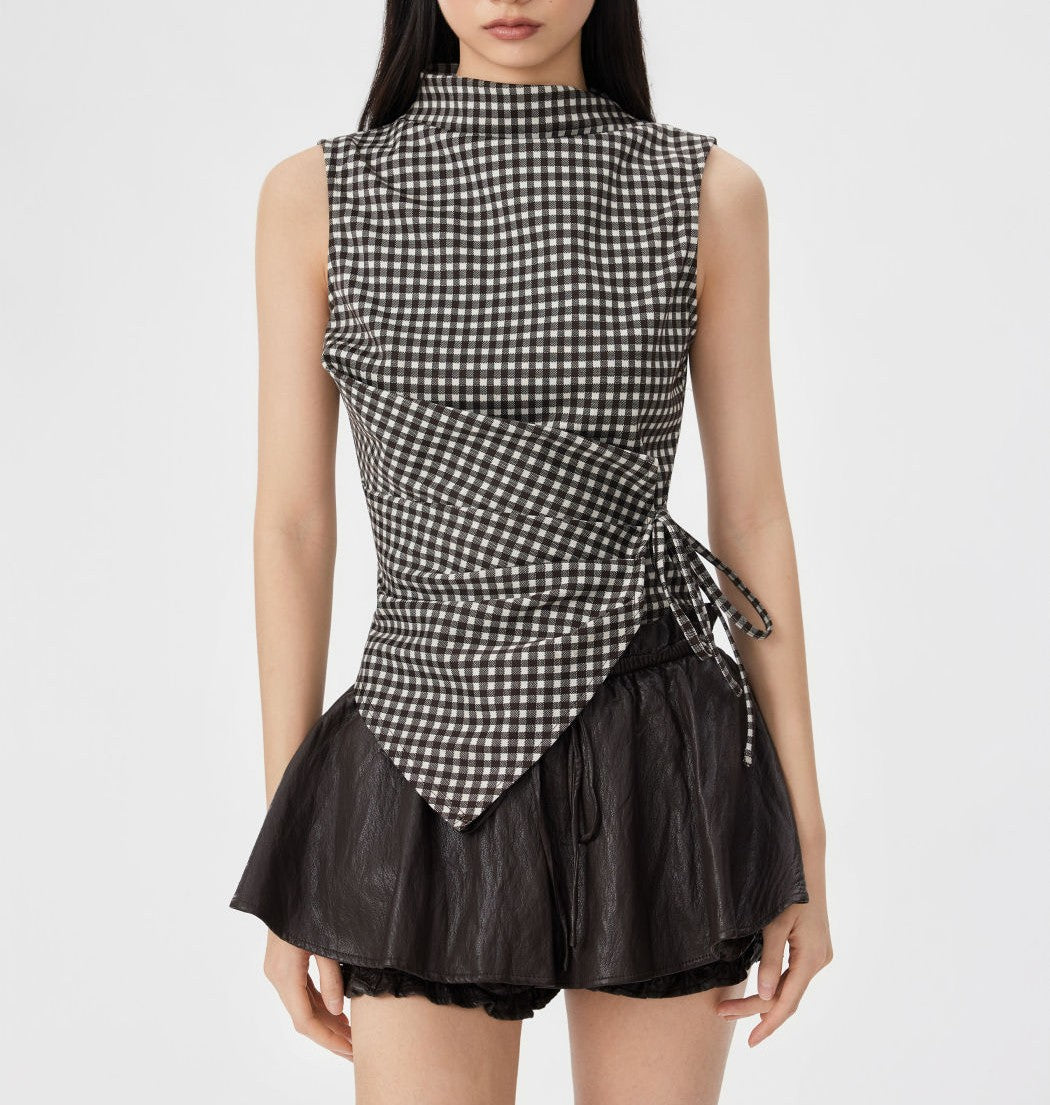 Gingham Stand‑Collar Asymmetrical Hem Ruched Knotted Sleeveless Top